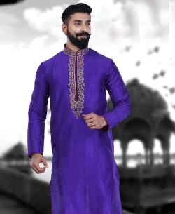 Blue Art Silk Plain Kurta Pajama