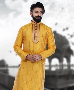 Yellow Art Silk Plain Kurta Pajama