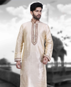 Cream Art Silk Plain Kurta Pajama