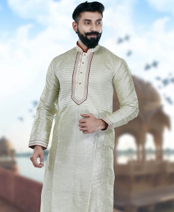 Cream Art Silk Plain Kurta Pajama