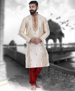 Cream Art Silk Plain Kurta Pajama