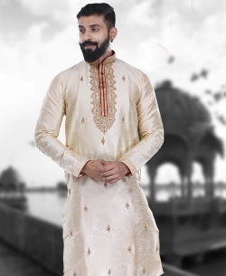 Cream Art Silk Plain Kurta Pajama