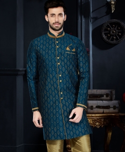 Blue Printed Art Dupion Printed Kurta Pajama