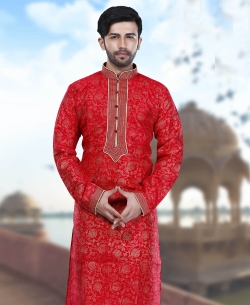 Red Art Silk Plain Kurta Pajama