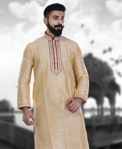 Gold Art Silk Plain Kurta Pajama