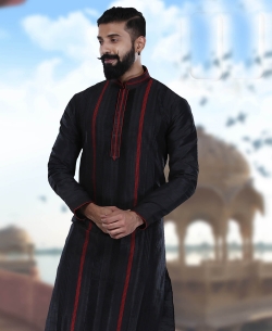 Black Art Silk Plain Kurta Pajama