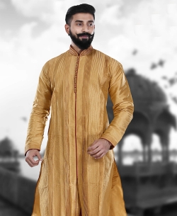 Gold Art Silk Plain Kurta Pajama