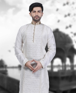 White Art Silk Plain Kurta Pajama