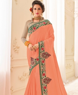 Peach Bright Chiffon Patch Design Border Sarees