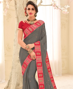 Grey Silk Fabric Patch Design Border Sarees