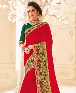 Red Georgette Patch Design Border Sarees