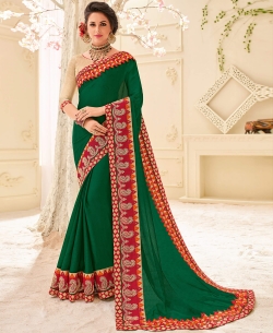Green Moss Chiffon Patch Design Border Sarees