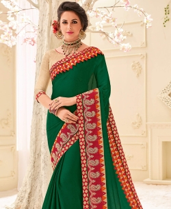 Green Moss Chiffon Patch Design Border Sarees