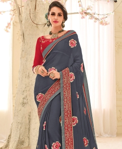 Grey Bright Georgeete Patch Design Border Sarees