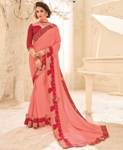 Pink Bright Chiffon Patch Design Border Sarees