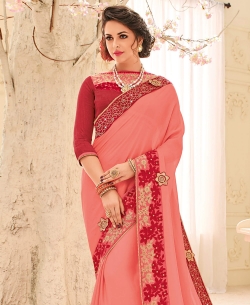 Pink Bright Chiffon Patch Design Border Sarees