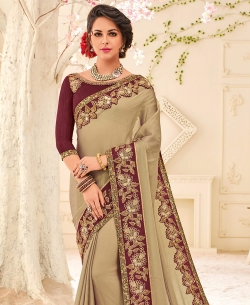 Beige Two Tone Moss Chiffon Patch Design Border Sarees