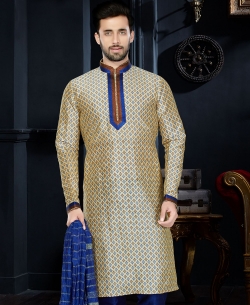 Beige Art Dupion Printed, Lace Border Kurta Pajama