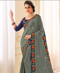 Grey Two Tone Chiffon Pattern Patch Design Border Sarees