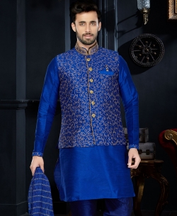Blue Art Dupion Solid Kurta Pajama