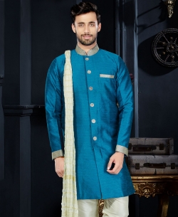 Blue Giccha Silk Lace Border Kurta Pajama