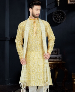 Yellow Printed Art Dupion Printed, Lace Border Kurta Pajama
