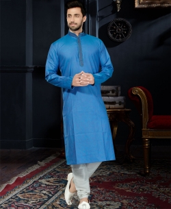 Blue  Cotton Silk Embroidered Border Kurta Pajama