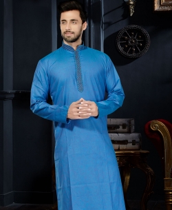 Blue  Cotton Silk Embroidered Border Kurta Pajama