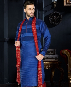 Blue  Art Dupion Pintuck Kurta Pajama