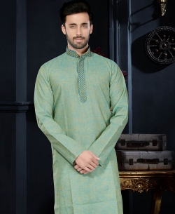 Green Cotton Silk Embroidered Border Kurta Pajama