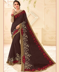 Brown Bright Chiffon Patch Design Border Sarees