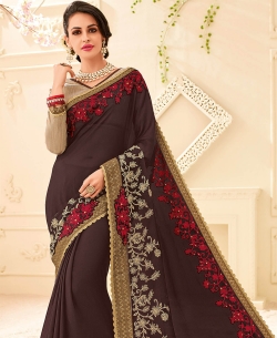 Brown Bright Chiffon Patch Design Border Sarees