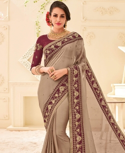 Beige Two Tone Chiffon Pattern Patch Design Border Sarees