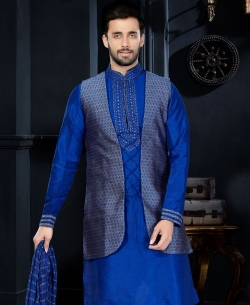 Blue  Art Dupion Lace Border Kurta Pajama
