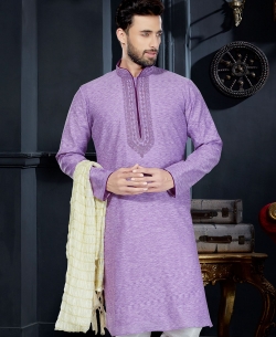 Purple Cotton Silk Embroidered Kurta Pajama