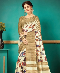 Cream Pashmina Silk Printed Regular Sarees