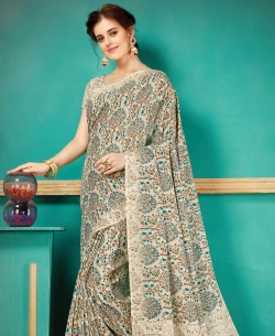 Cream Pashmina Silk Printed Regular Sarees