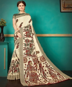 Cream Pashmina Silk Printed Regular Sarees