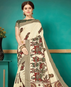 Cream Pashmina Silk Printed Regular Sarees