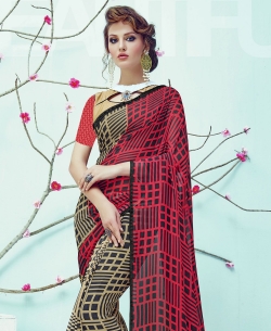Red And Beige Georgette Printed, Border Regular Sarees