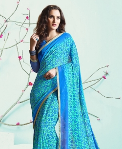 Blue And Green Georgette Printed, Border Regular Sarees