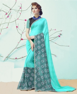 Blue Georgette Printed, Border Border Sarees
