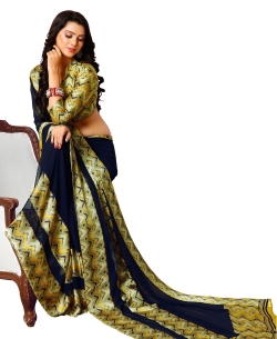 Blue Georgette, Satin Floral Printed Regular Sarees