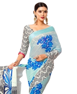 Blue Georgette, Satin Printed Regular Sarees