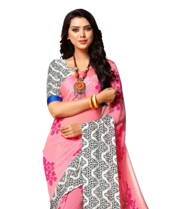 Pink Georgette, Satin Floral Printed Regular Sarees