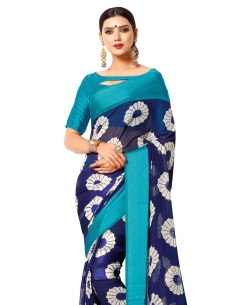 Blue Georgette, Satin Printed Regular Sarees