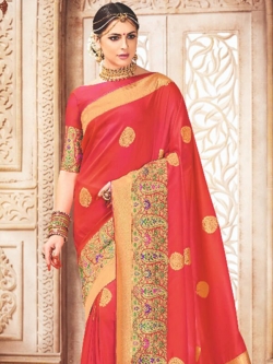 Red Banarasi Silk Embroidery Traditional Sarees