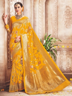 Yellow Banarasi Silk Embroidery Traditional Sarees