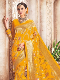 Yellow Banarasi Silk Embroidery Traditional Sarees