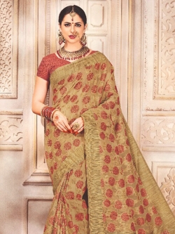 Gold Banarasi Silk Embroidery Traditional Sarees